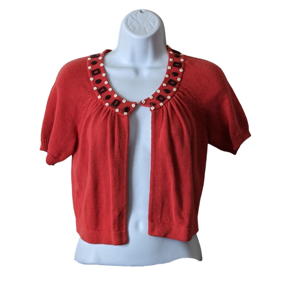 Womens Ann Taylor Loft Over Shirt Wine Red Open Front 100% Cotton XS Beaded